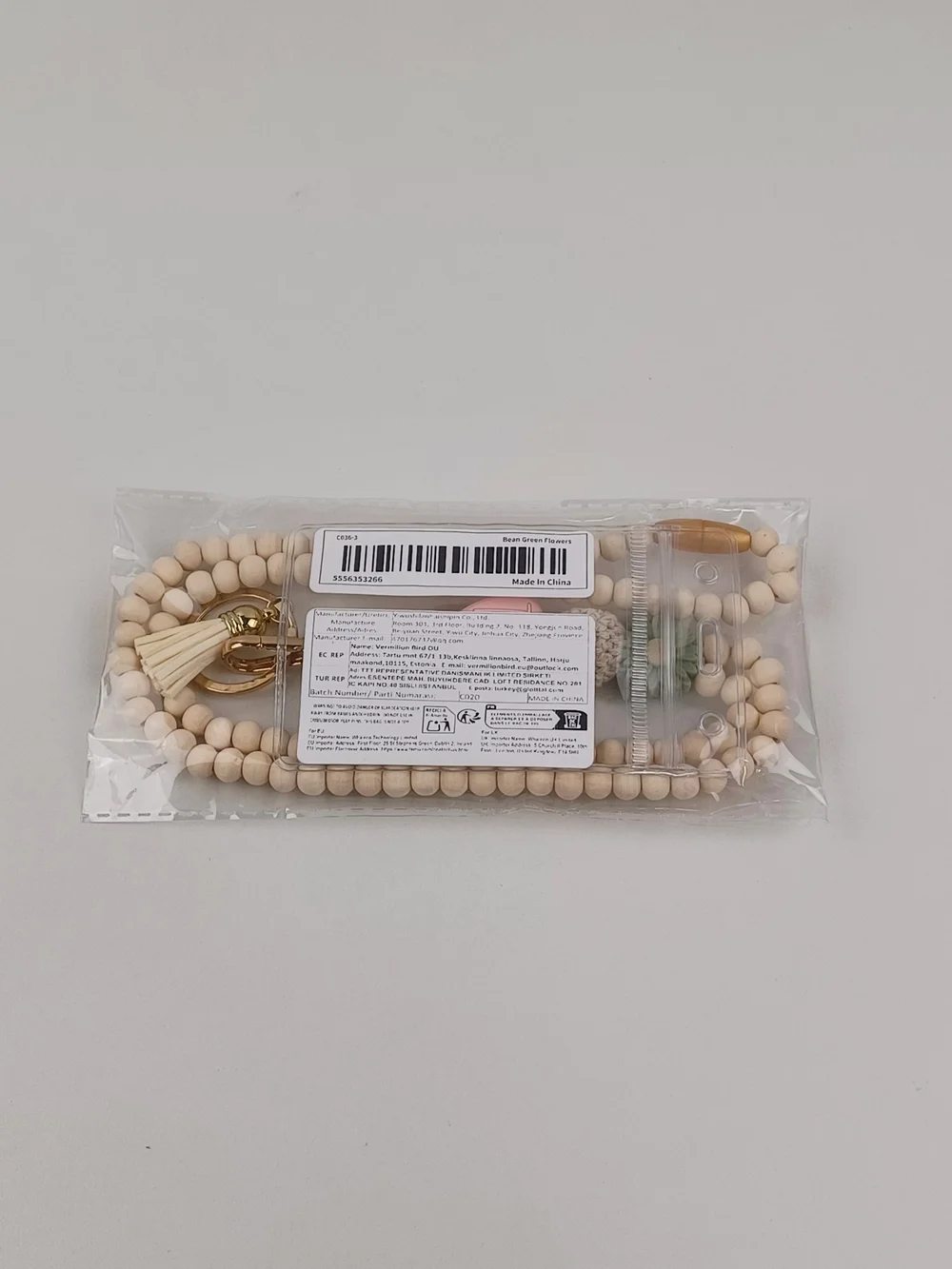 Teacher Peach Beaded Lanyard Key & Card Holder - Pink Green Flowers and Cream